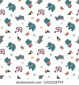 Seamless pattern with safari animals. Elephant, rhinoceros, zebra, panda, snake. Design for fabric, textile, wallpaper, packaging.	
