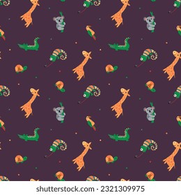 Seamless pattern with safari animals. Giraffe, crocodile, koala, turtle, parrot, newt. Design for fabric, textile, wallpaper, packaging.