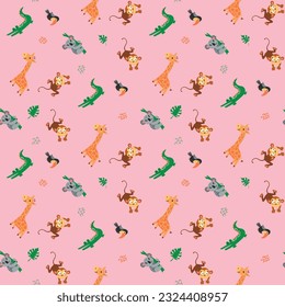 Seamless pattern with safari animals. Giraffe, crocodile, koala, monkey and toucan. Design for fabric, textile, wallpaper, packaging.
	