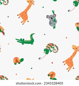 Seamless pattern with safari animals. Giraffe, crocodile, koala, turtle, parrot, newt. Design for fabric, textile, wallpaper, packaging.	
