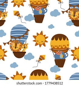 seamless pattern with safari animals and hot air balloon - vector illustration, eps