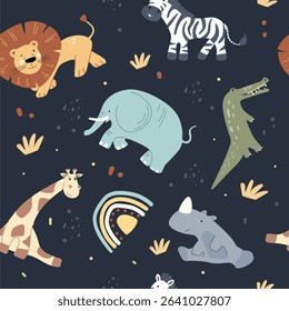  Seamless pattern of safari animals including lions, zebras, elephants, and giraffes against a dark background. Perfect for a child's room decor.