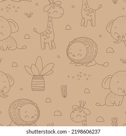 seamless pattern with safari animals in linear style. Safari coloring pattern. Childish pattern for fabric, wrapping, clothing, textile, wallpaper, pajamas, kids apparel, beddings. Vector