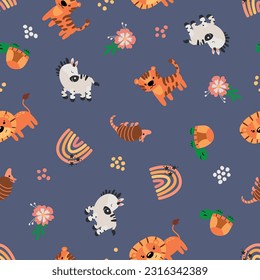 Seamless pattern with safari animals. Lion, tiger, zebra, turtle, armadillo. Design for fabric, textile, wallpaper, packaging.