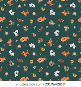 Seamless pattern with safari animals. Lion, tiger, zebra, turtle, armadillo. Design for fabric, textile, wallpaper, packaging.