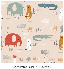 Seamless pattern with safari animals. tiger, elephant and crocodile . Hand drawn vector illustration.