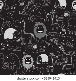 Seamless pattern of safari animals in white line on black use as background, wallpaper, card and wrap paper