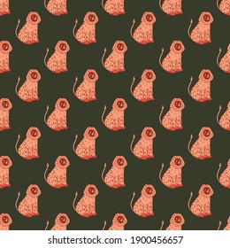 Seamless pattern with safari doodle pink lion shapes. Dark background. Childish cartoon artwork. Graphic design for wrapping paper and fabric textures. Vector Illustration.