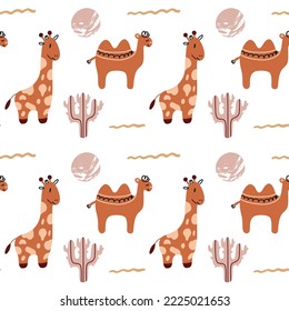 Seamless Pattern Safari Giraffe Camel. Baby Shower Scandinavian pastel wallpaper. Textile fabric design for kids. Flat bohemian vector neutral background paper