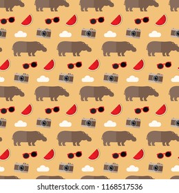 seamless pattern safari hippo animal watermelon fruit sunglasses photo camera cloud vacation on yellow background vector wallpaper textile giftwrap