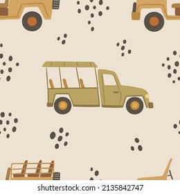 Seamless pattern with safari truck on beige background. African digital background with vector hand drawn elements. Seamless pattern for kids fabric, textile and scrapbook paper.