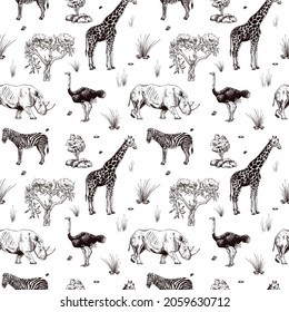 Seamless pattern safari wildlife isolated on white background. African animals giraffe, ostrich, rhinoceros, zebra in engraving style. Textile design monochrome print of savannah. Vector illustration