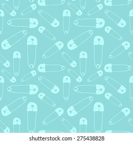 Seamless pattern, safety mint color pins ,hand drawn images, paper, textile, fabric, wrapper, wallpaper,vector