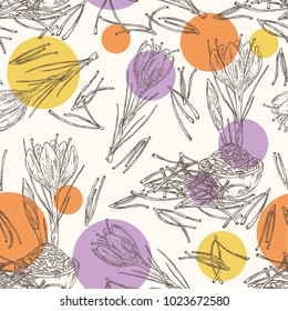 Seamless pattern with saffron: flower and saffron stamens. Vector hand drawn illustration.