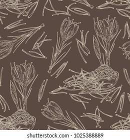Seamless pattern with saffron: flower and saffron stamens. Vector hand drawn illustration.