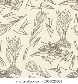 Seamless pattern with saffron: flower and saffron stamens. Vector hand drawn illustration.