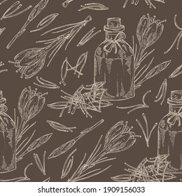 Seamless pattern with saffron flower and  stamens and bottle of saffron essential oil. Cosmetic, perfumery and medical plant. Vector hand drawn illustration.