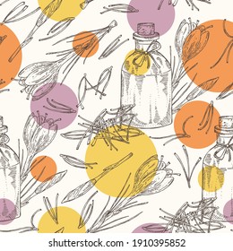 Seamless pattern with saffron flower and  stamens and bottle of saffron essential oil. Cosmetic, perfumery and medical plant. Vector hand drawn illustration.