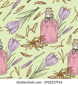 Seamless pattern with saffron flower and stamens with bottle of saffron essential oil. Cosmetic, perfumery and medical plant. Vector hand drawn illustration.