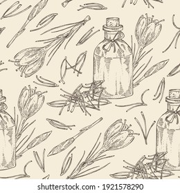 Seamless pattern with saffron flower and  stamens and bottle of saffron essential oil. Cosmetic, perfumery and medical plant. Vector hand drawn illustration.