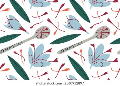 Seamless pattern with saffron spice, vibrant saffron flowers, green leaves, and elegant spoon with saffron strands. Flat, decorative style, perfect for culinary and botanical themes