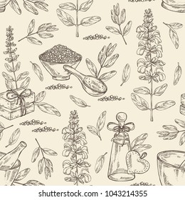 Seamless pattern with sage, branch of sage, leaves and flowers. Essential oil, mortar, pestle, soap and bath salt . Cosmetic, perfumery and medical plant. Vector hand drawn illustration.