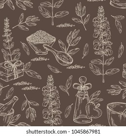 Seamless pattern with sage, branch of sage, leaves and flowers. Essential oil, mortar, pestle, soap and bath salt . Cosmetic, perfumery and medical plant. Vector hand drawn illustration.
