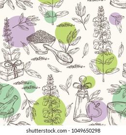 Seamless pattern with sage, branch of sage, leaves and flowers. Essential oil, mortar, pestle, soap and bath salt . Cosmetic, perfumery and medical plant. Vector hand drawn illustration.