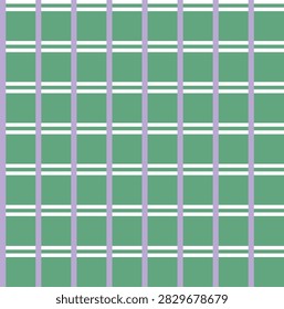 Seamless pattern with sage green, lavender purple, and white grid lines. Modern geometric plaid vector illustration for textile, wrapping paper, notebook cover, and wallpaper design.