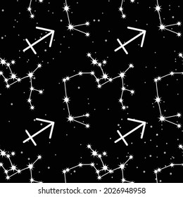 seamless pattern with Sagittarius constellation, handwritten lettering and zodiac sign. For your packaging, fabric and product decoration.
