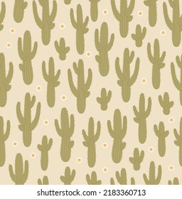 Seamless pattern of saguaro cactus with flowers. Desert plants. Flat vector illustration isolated on beige background.