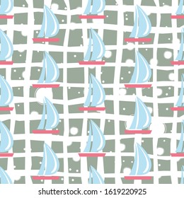 Seamless pattern with sail boats on cute background.Great for wall art design, gift paper, wrapping, fabric, textile, etc. Vector Illustration