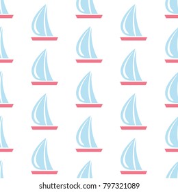 Seamless pattern with sail boats on white background.Great for wall art design, gift paper, wrapping, fabric, textile, etc. Vector Illustration