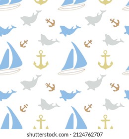 Seamless pattern with sailboat, anchor, dolphins. Cute nautical template for fabric, baby clothes, textile, wrapping paper and other decorations.Vector illustration.