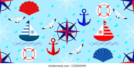 Seamless pattern with sailboat, anchor, steering wheel and lifebuoy. Cute Marine pattern for fabric, baby clothes, background, textile, wrapping paper and other decoration.Vector illustration.
