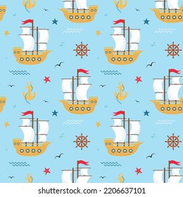 Seamless pattern with sailboat, anchor, steering wheel, starfish, waves, bubbles and seagulls. Nautical print for fabric and wrapping paper.