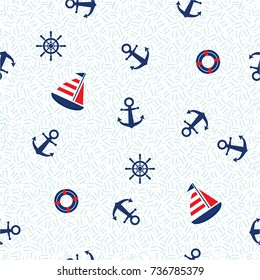 Seamless pattern with sailboat, anchor, steering wheel and lifebuoy. Cute Marine pattern for fabric, baby clothes, background, textile, wrapping paper and other decoration.Vector illustration.