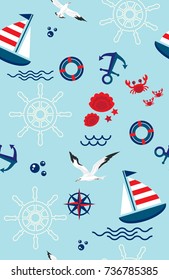 Seamless pattern with sailboat, anchor, steering wheel and lifebuoy. Cute Marine pattern for fabric, baby clothes, background, textile, wrapping paper and other decoration.Vector illustration.