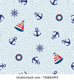 Seamless pattern with sailboat, anchor, steering wheel and lifebuoy. Cute Marine pattern for fabric, baby clothes, background, textile, wrapping paper and other decoration.Vector illustration.