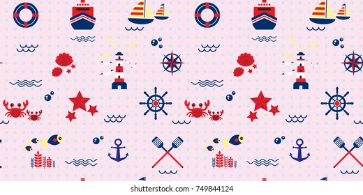 Seamless pattern with sailboat, anchor, steering wheel and lifebuoy. Cute Marine pattern for fabric, baby clothes, background, textile, wrapping paper and other decoration.Vector illustration.
