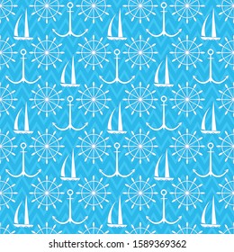 Seamless pattern with sailboat, anchors and ship wheels against the sea waves. Vector illustration. For Wallpaper, packaging, wrappers.