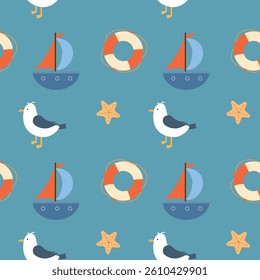 Seamless pattern with sailboat, gull, lifebuoy, shells. Cute marine pattern for fabric, baby clothes, textile, wrapping paper and other decoration. Vector summer bright background.