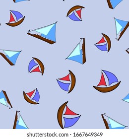 Seamless pattern with sailboat hand drawn outline doodle icon. Traveling by boat and yacht, water transport, vacation concept. Vector illustration sketch for print, web.
