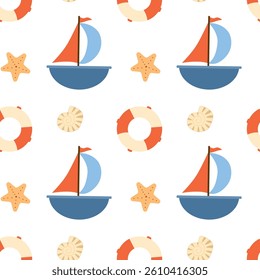 Seamless pattern with sailboat, lifebuoy and seashells. Cute nautical pattern for fabric, baby clothes, textiles, wrapping paper and other decorations. Vector summer bright background.