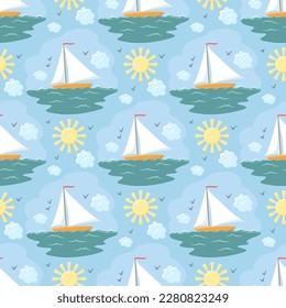 Seamless pattern with sailboat on the sea, hand-drawn. Vector illustration