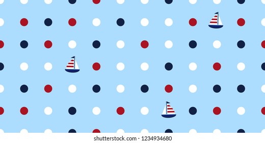Seamless pattern with sailboat and polka dots. Cute Marine pattern for fabric, baby clothes, background, textile, wrapping paper and other decoration.Vector illustration