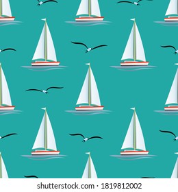 seamless pattern with sailboat, sailing ship, seagulls birds, sea. sail boat marine cruise travel vector icon