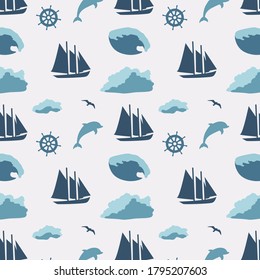 Seamless pattern with a sailboat, steering wheel, Dolphin and Seagull. Vector illustration.