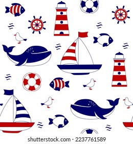 Nahtlose Muster mit Segelboot, Wal, Fisch, Seegras, Anker, Ruder und Rettungsschwimmer. Cute-marines Muster für Gewebe, Kinderbekleidung, Hintergrund, Textilien, Packpapier u. a.