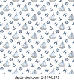 Seamless pattern with sailboats, anchor, steering wheel and lifebuoy on a light background. Textile on fabric